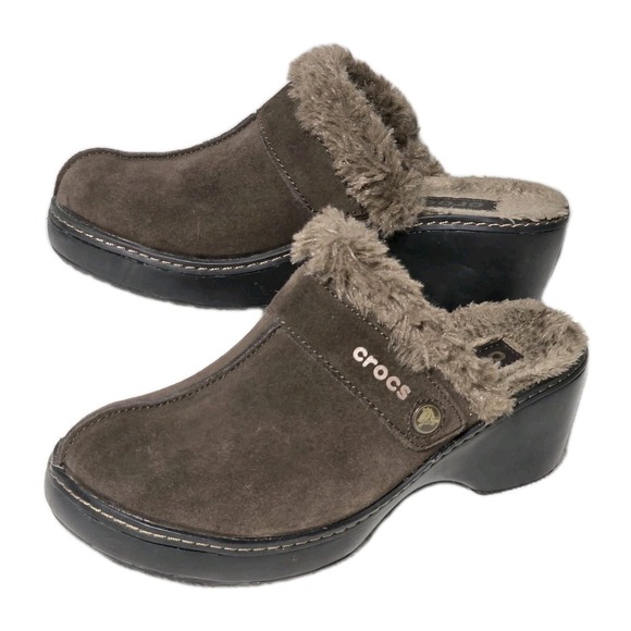 CROCS Shoes - Crocs Cobbler Eva  Womens Size 6 Clogs Brown Suede Faux Fur Wedge Heel Mule